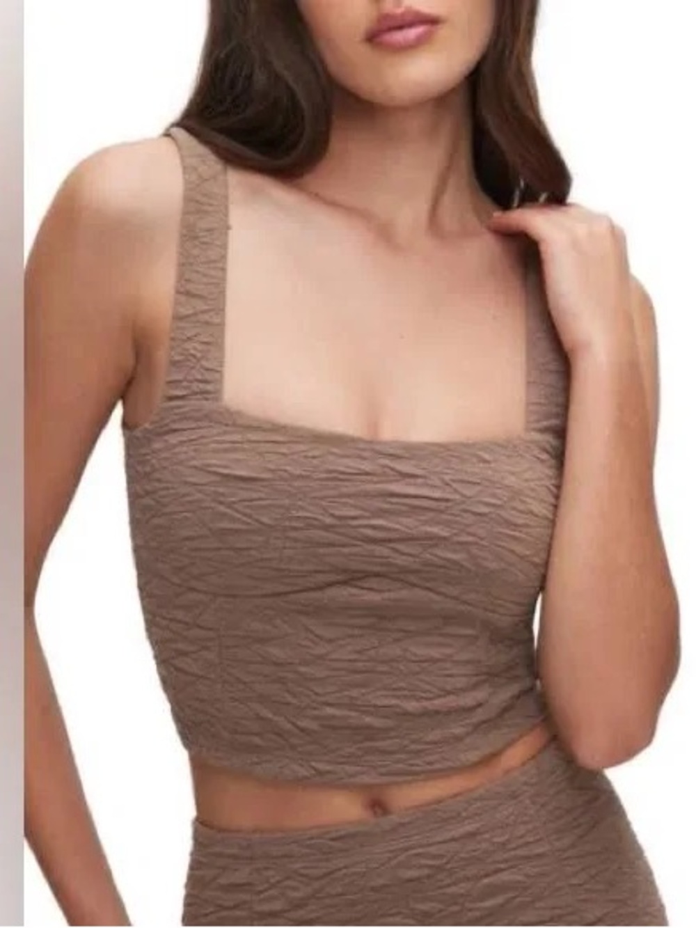 Good American Taupe Ruched Square-Neck Crop Tank